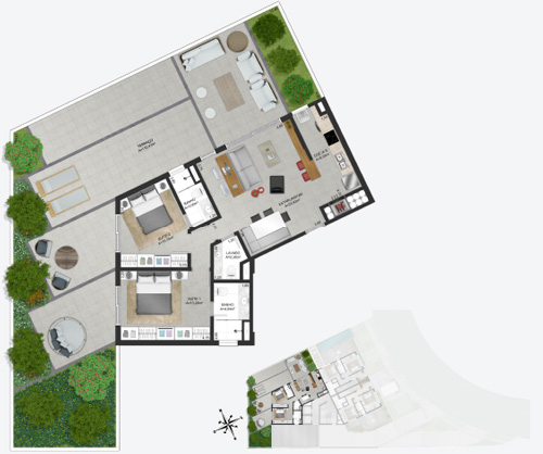 Planta baixa ilustrada do pavimento superior da cobertura duplex 1103 do empreendimento Match da construtora Zuckhan.