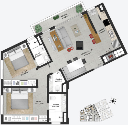 Planta baixa ilustrada do apartamento tipo final 3 do empreendimento Match da construtora Zuckhan.